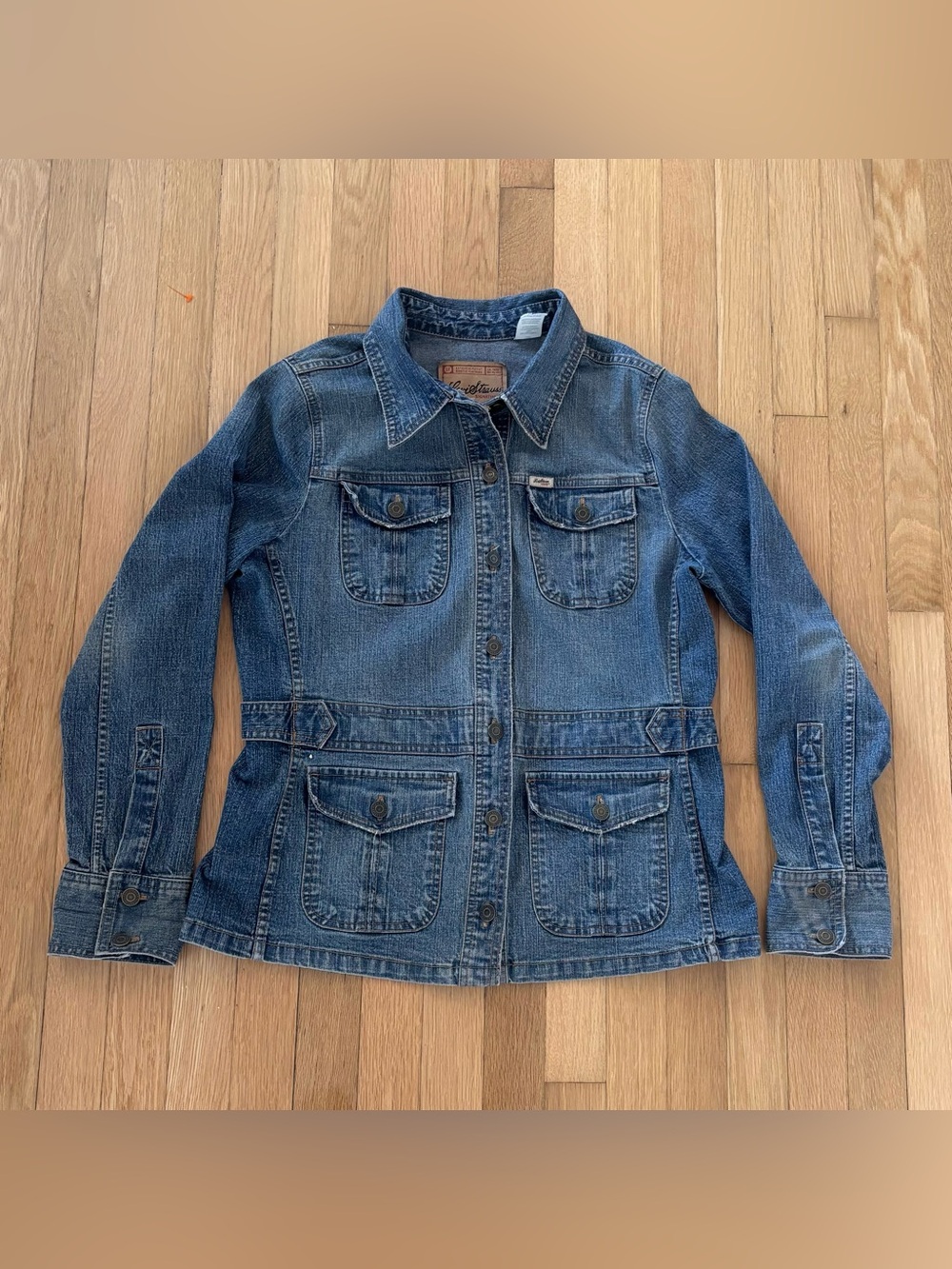 Vintage Levis Denim Chore Coat Womens L Blue 4 Pocket Safari Utility Jacket Y2K